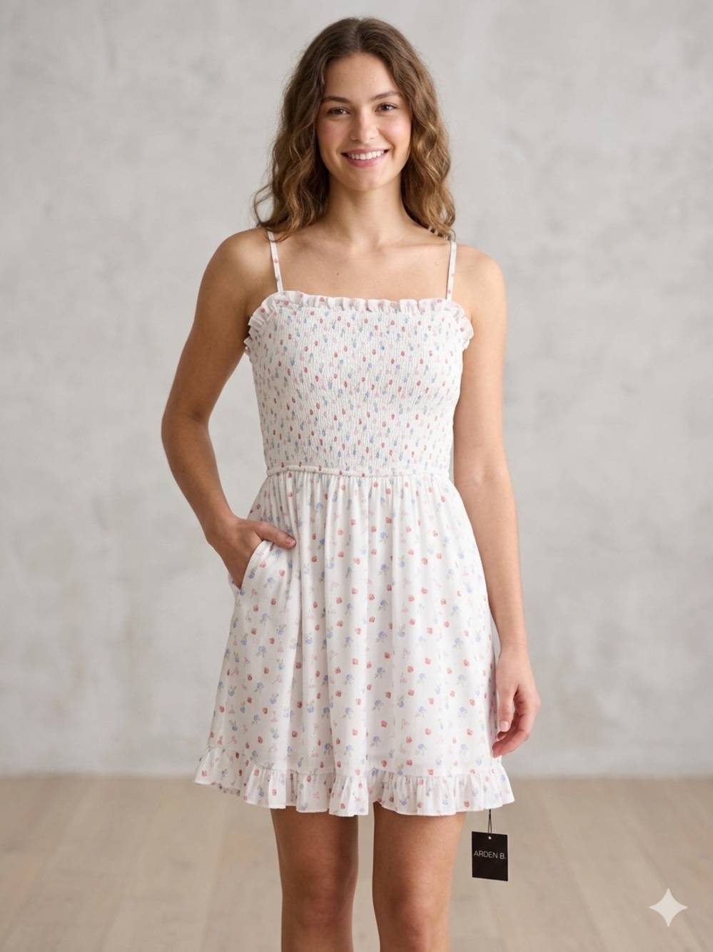 NWT Arden B White Mini Dress with Pink & Blue Floral Print